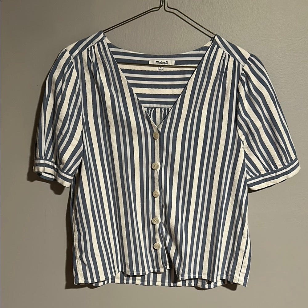 Madewell Blue and White Puff Sleeve Fitted Blouse
